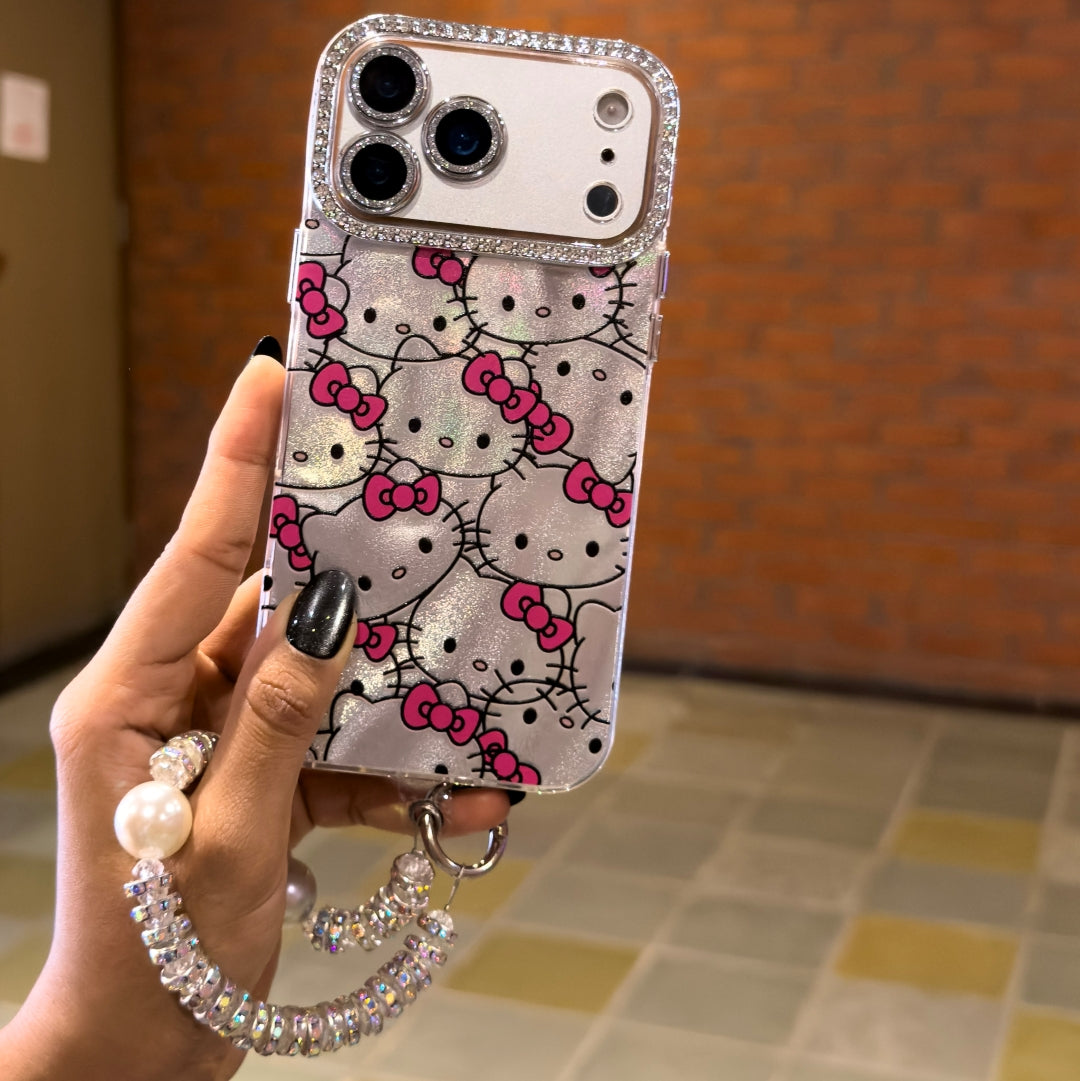 Cute Hello Kitty Premium Glitter Case with Charm Strap