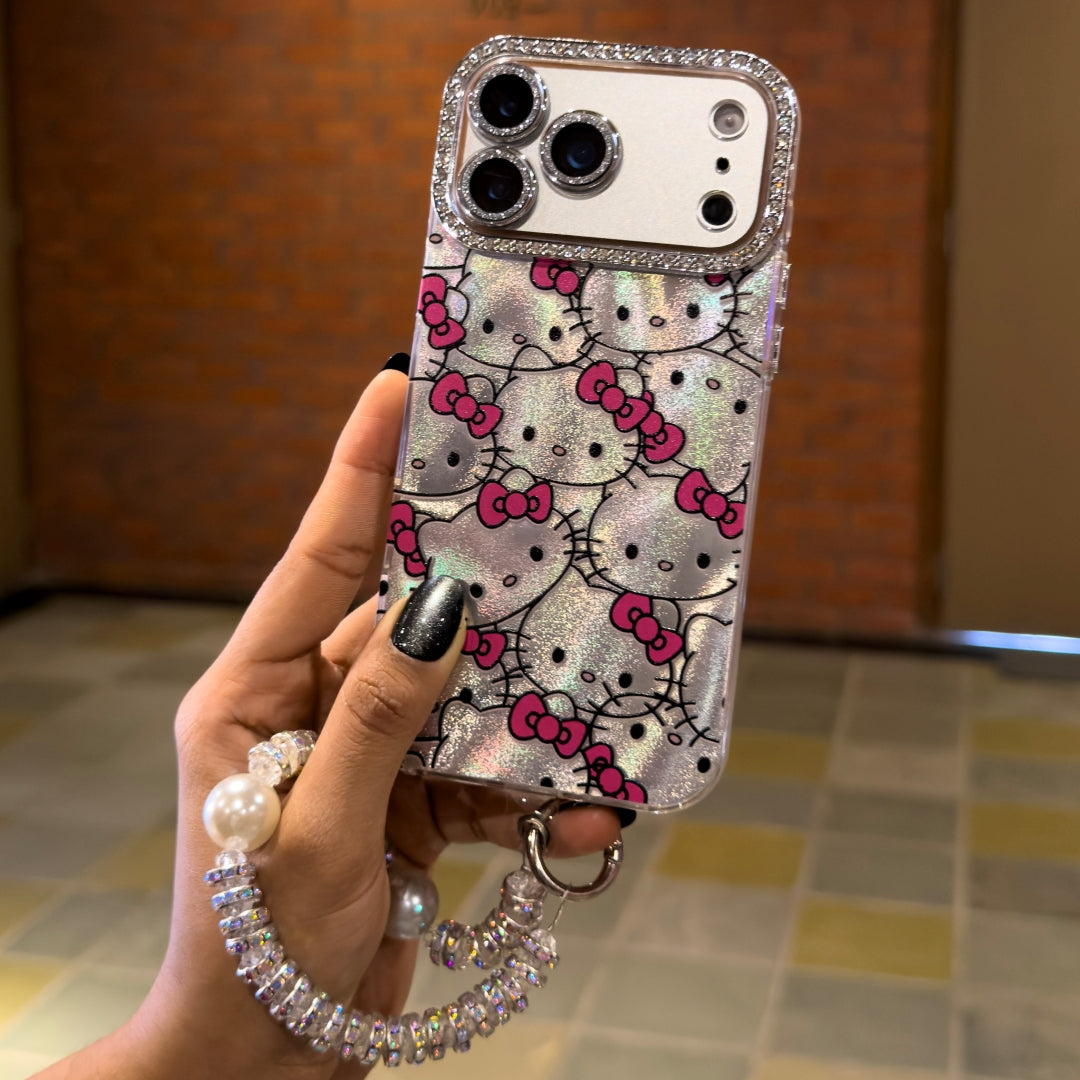 Cute Hello Kitty Premium Glitter Case with Charm Strap