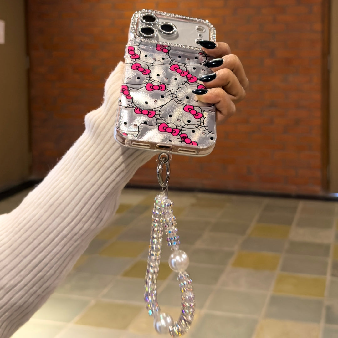 Cute Hello Kitty Premium Glitter Case with Charm Strap