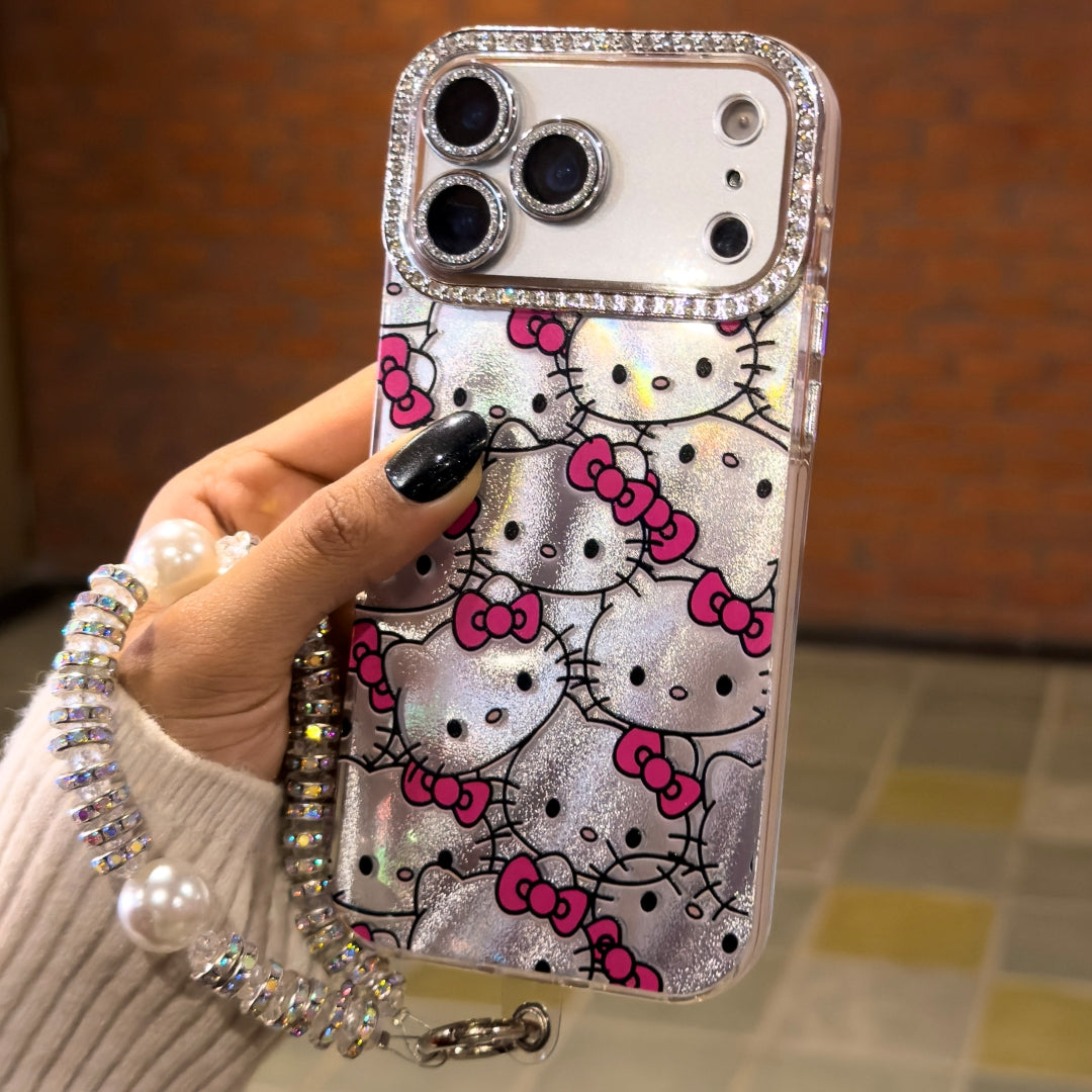 Cute Hello Kitty Premium Glitter Case with Charm Strap