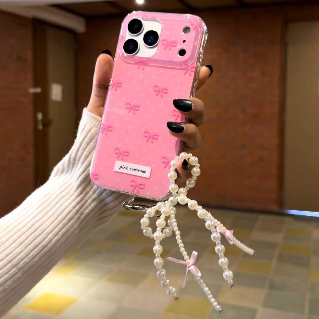Pink bow pearl case with charm for iphone