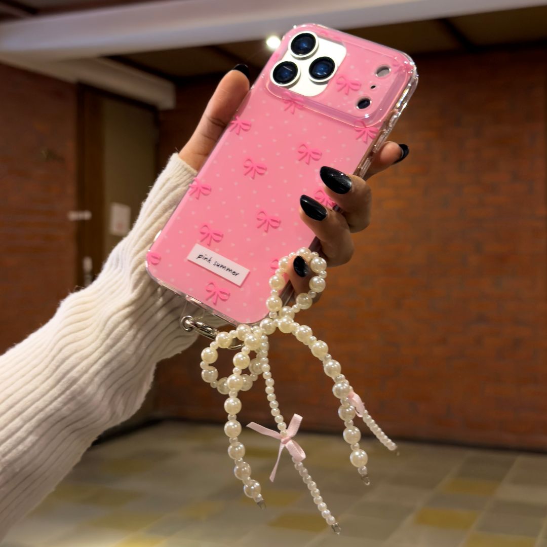 Pink bow pearl case with charm for iphone