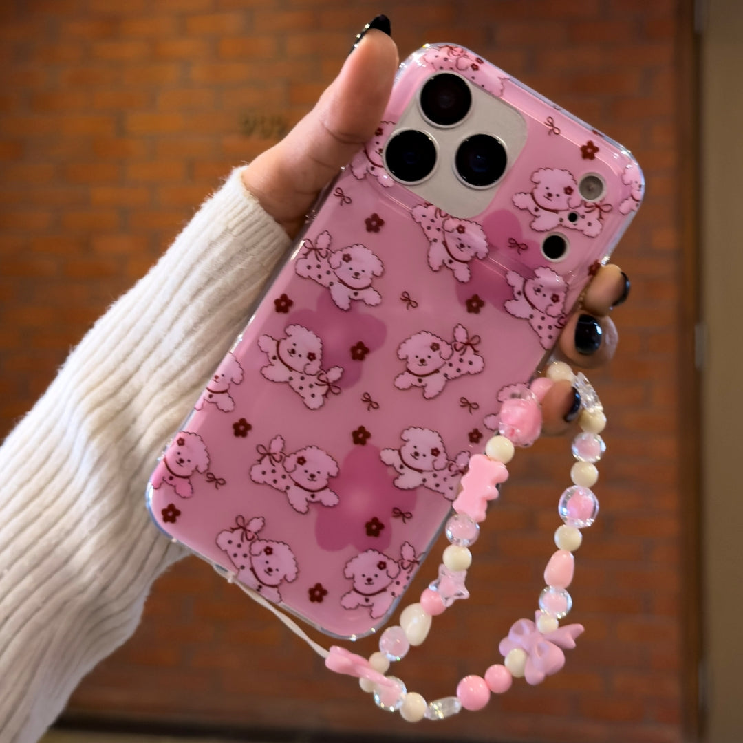 Pink dog case with charm for iPhone