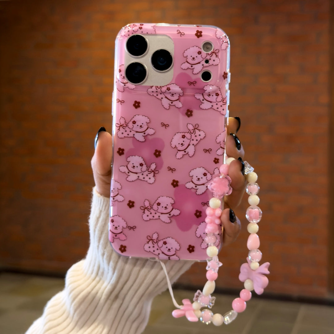 Pink dog case with charm for iPhone