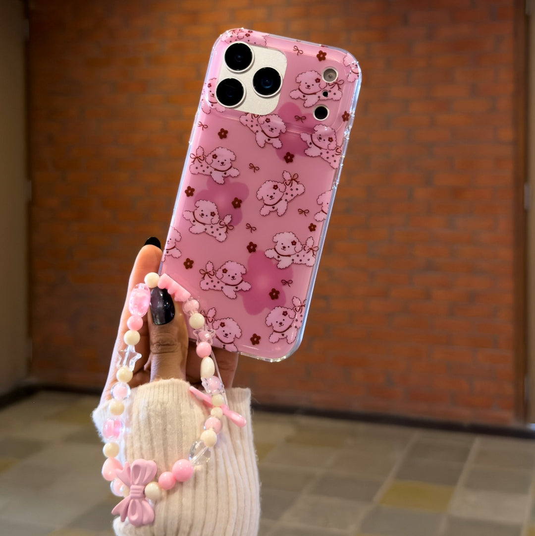 Pink dog case with charm for iPhone