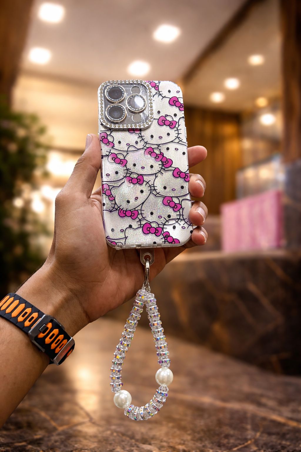 Cute Hello Kitty Premium Glitter Case with Charm Strap