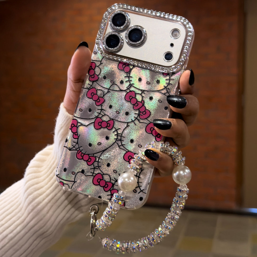 Cute Hello Kitty Premium Glitter Case with Charm Strap