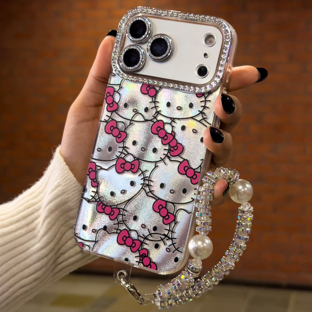 Cute Hello Kitty Premium Glitter Case with Charm Strap