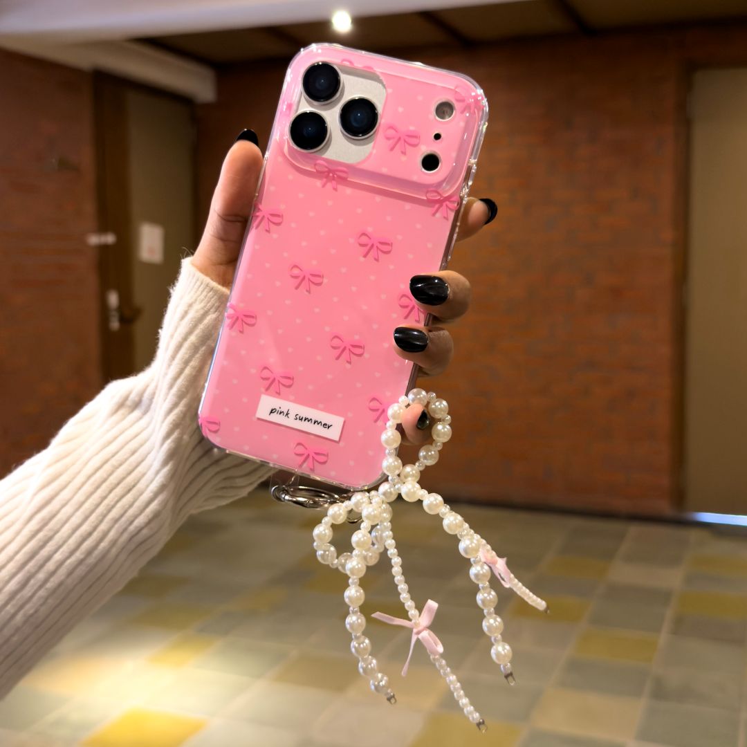 Pink bow pearl case with charm for iphone