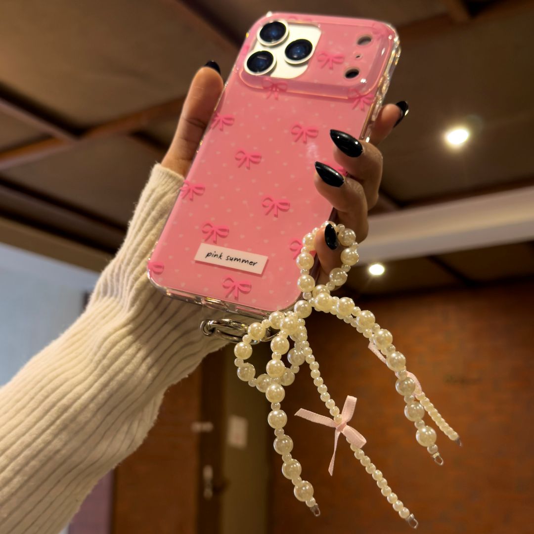 Pink bow pearl case with charm for iphone