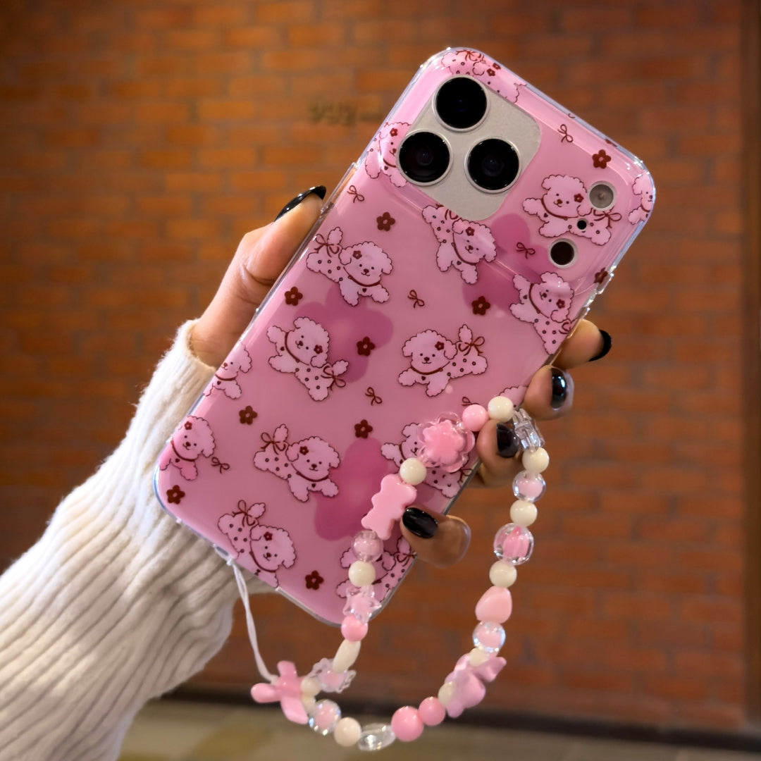 Pink dog case with charm for iPhone