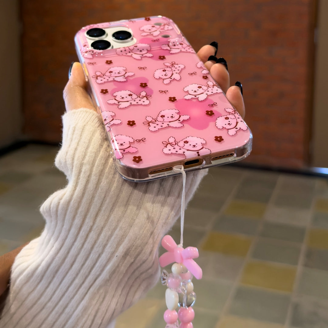 Pink dog case with charm for iPhone