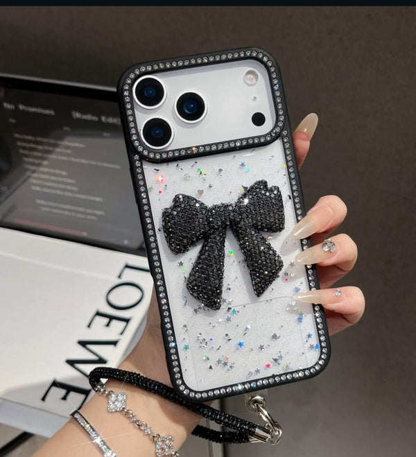 Glitter bow case with charm for iPhone